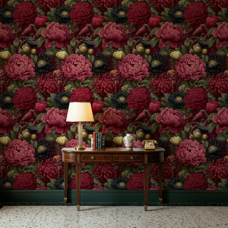 Papier peint floral rétro avec oiseaux