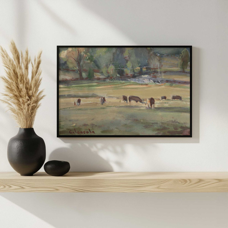 «Grazing Cows» par Stephen Calcasola, reproduction d'art, Impression sur cadre ouvert sans papier mat, Brun