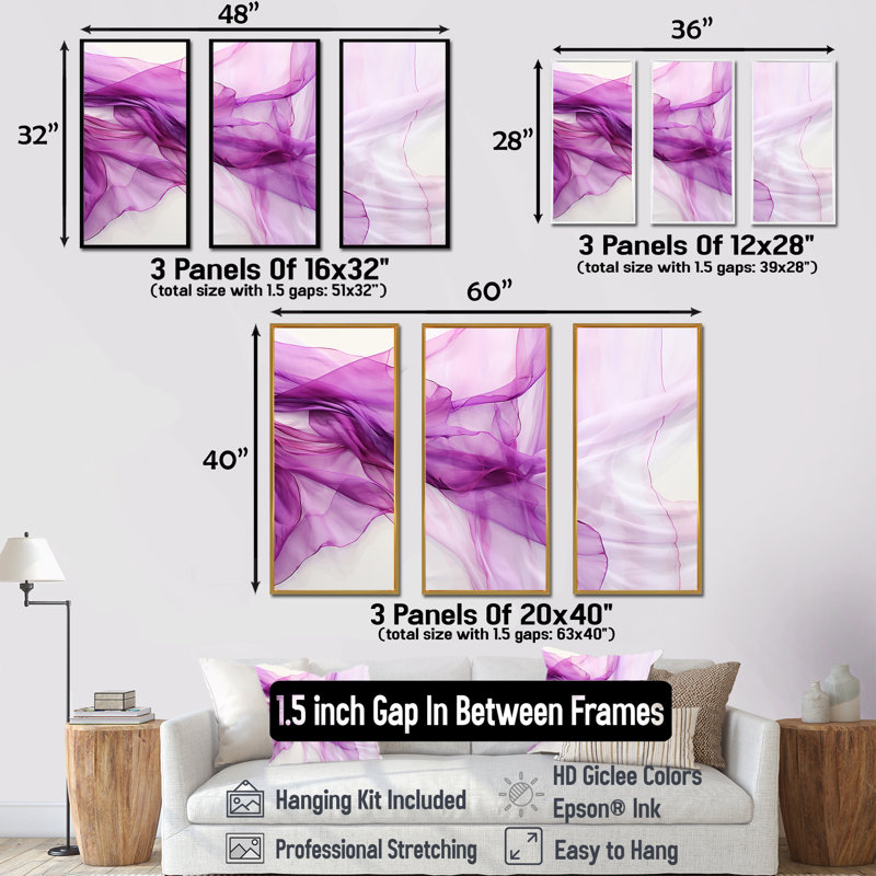 Blanc et mauve Fab Waves I - art mural géométrique, Cadre flottant noir, H 28 po x l 36 po x P 1 po