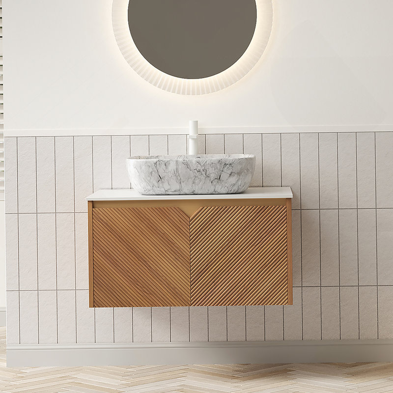 Meuble-lavabo de salle de bain avec vasque en céramique, 30", Brun / chêne / blanc de Carrare / gris pierre