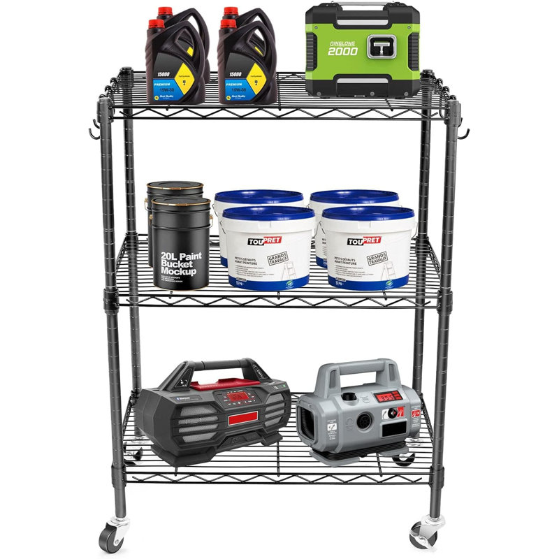 Étagère en fil métallique robuste à 3 niveaux avec roulettes verrouillables, support de rangement en métal réglable pour l'organisation du garage, de la cuisine, du bureau et de la salle de bain