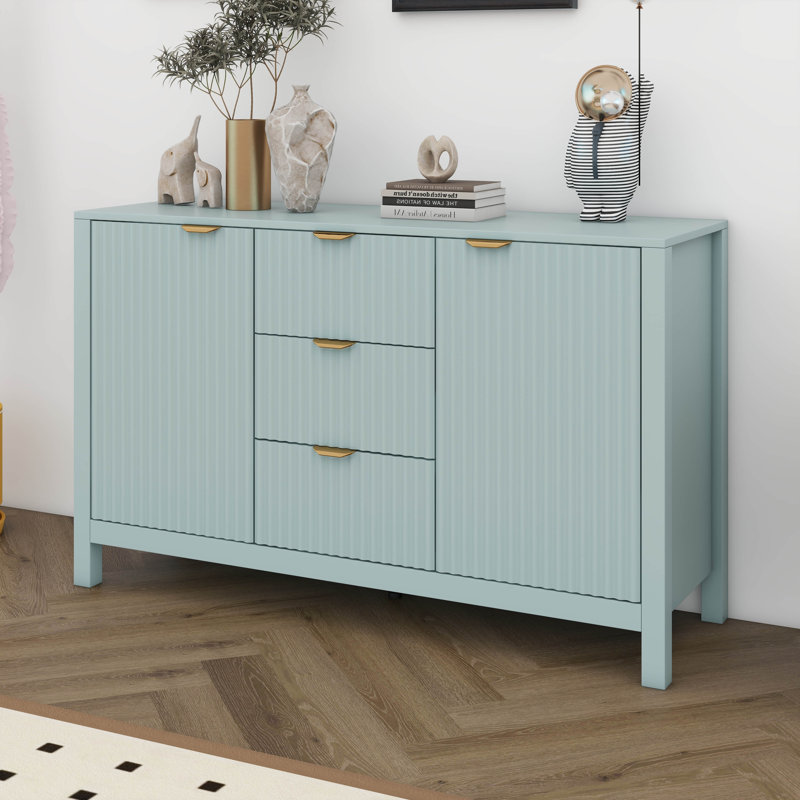 Buffet Wave Design avec 3 tablettes réglables, armoire d'entrée avec 3 tiroirs et portes à fermeture en douceur, poignées en métal