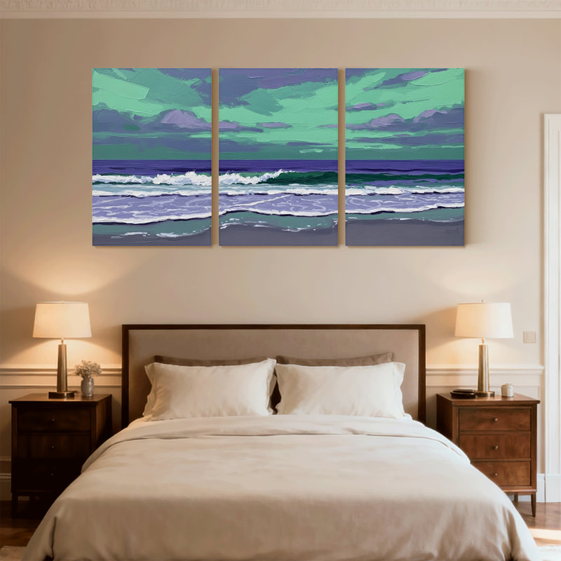 Nautical & Beach Ocean Waves Sky Clouds Beach Sunset Art Canvas Set of 3 Canvas Wall Art Prints, 18" H x 36" W