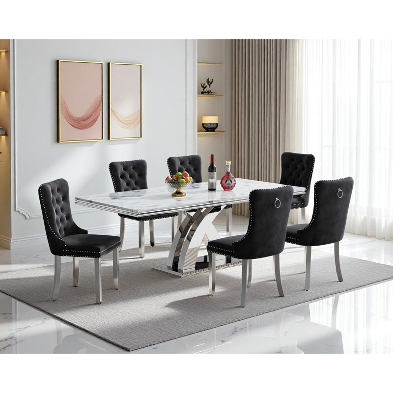 Modern 68.11" Faux Marble Dining Table Set , White Marble Dining Table with Velvet Dining Chairs, Dining Room Table and Chairs Set, Luxury Dining Table Set for Kitchen Dining