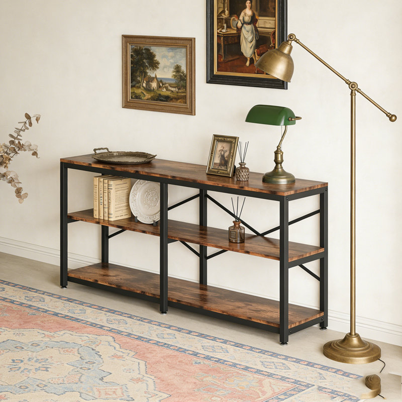 3-Tier Console Table Long Foyer Sofa Table with Storage Shelves, Black/Brown