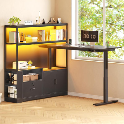 L Shaped Standing Desk, Adjustable Height Desk Reversible Computer Office Desk With Drawers & Hutch by Ivy Bronx