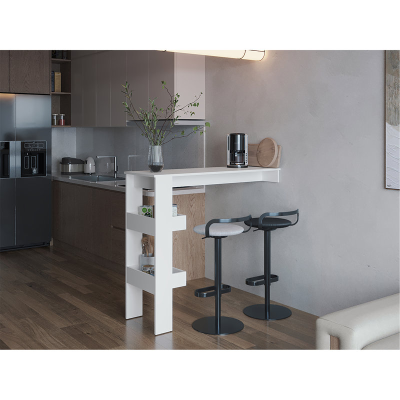 Table de bar Aurora avec tablette de rangement, design moderne pour bar à domicile, cuisine ou salle à manger, blanc