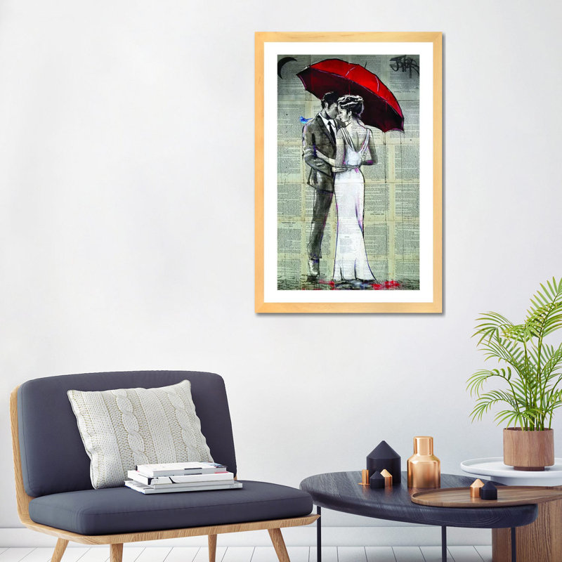 Rainy Moon par Loui Jover - impression d'art graphique, H 32 po x l 24 po x P 1 po, Toile avec cadre en bois beige, Blanc