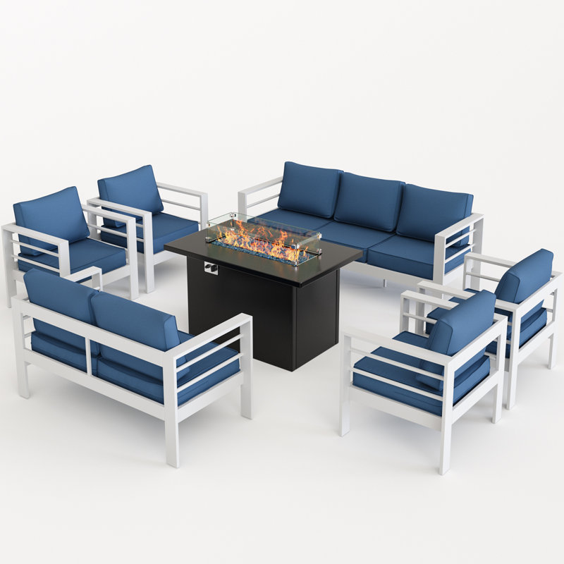 9-Person Sofa Seating Group With Fire Pit, Beige Cushion/White Frame