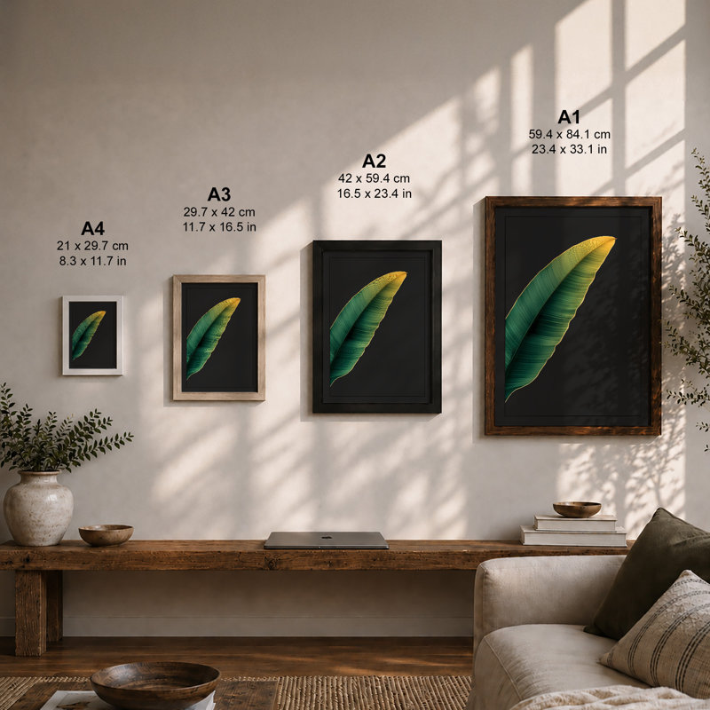 Single Feather in Gold Minimalist - Framed Print, A1 - 84.1 x 59.4 cm, Black