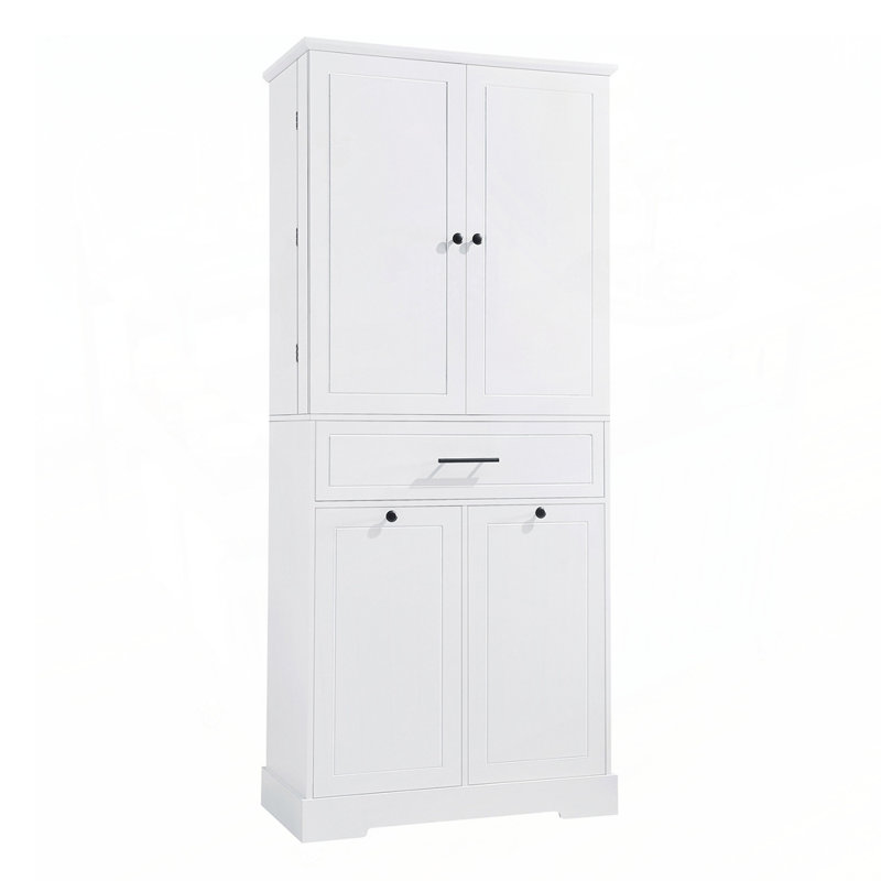 Armoire de rangement pour salle de bain avec panier à linge inclinable, tablette réglable, compartiments multiples, conception autoportante