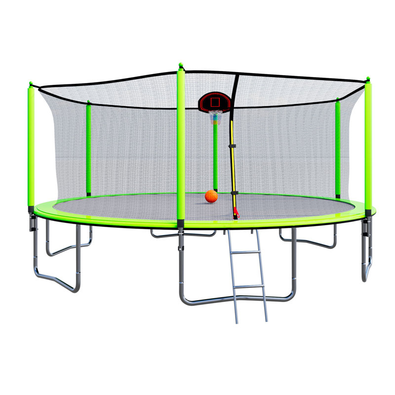 15FT Trampoline with Basketball Hoop, Inflator & Ladder - Inner Enclosure, Green
