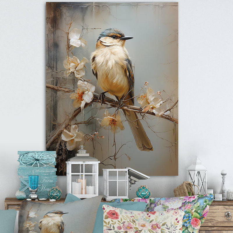 Minimalisme, oiseau beige sur une branche II, impression d'art mural, Toile tendue, 44" H x 34" W