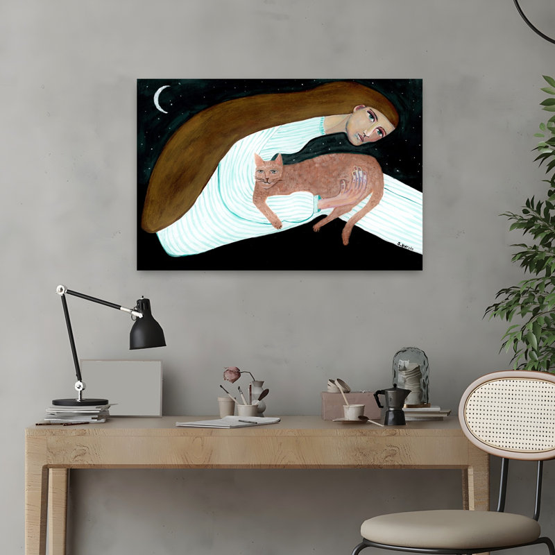 Cat Lover Sitting Under The Stars And Moon - Ginger Cat by Sharyn Bursic - Wrapped Canvas Print, 40.64 cm H x 60.96 cm W