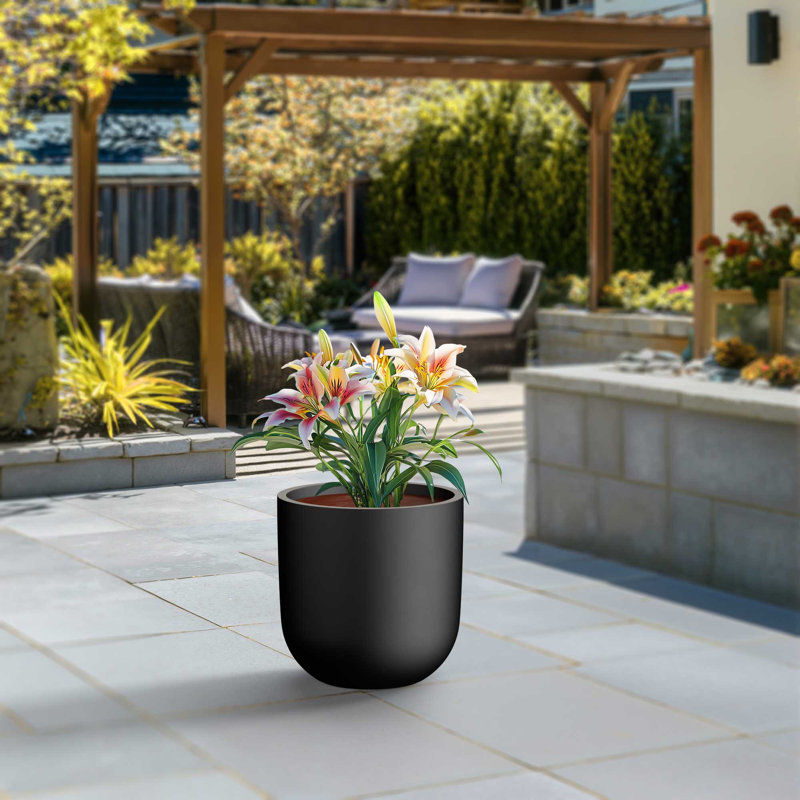 Grand pot à fleurs rond en béton avec trous de drainage (intérieur amélioré), H 16,54 po x l 16,54 po x P 16,54 po