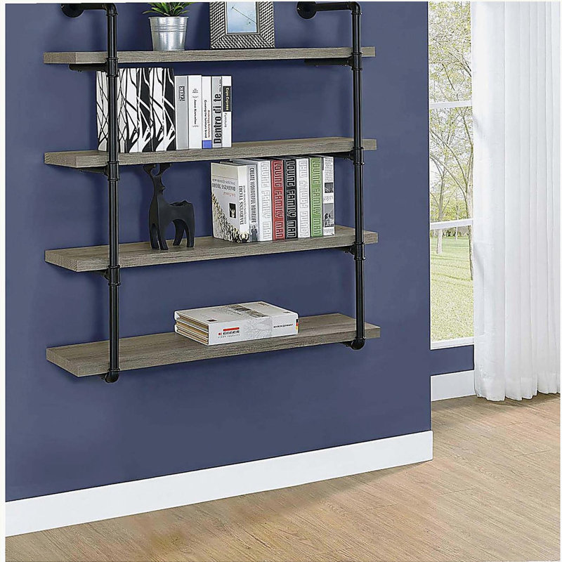 Black and Grey Driftwood 4-tier Wall Shelf, Black/Gray, (4 Shelves) 46.08"H x 39.33"W x 11.58"D
