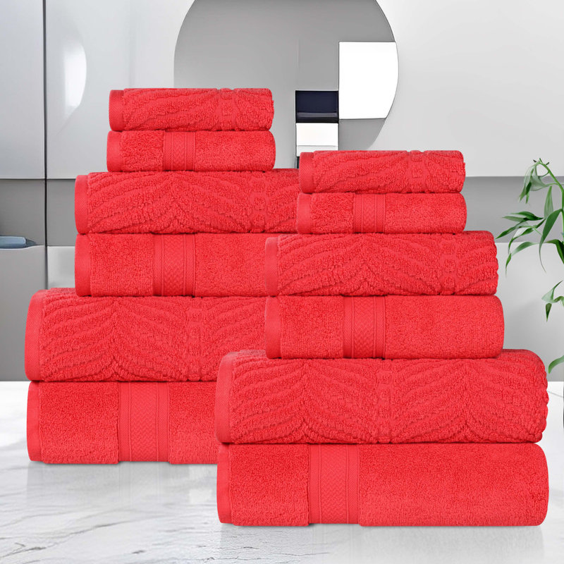 Ensemble de serviettes de bain en coton uni et jacquard pur à chevrons 12 pièces Purdey, Rouge