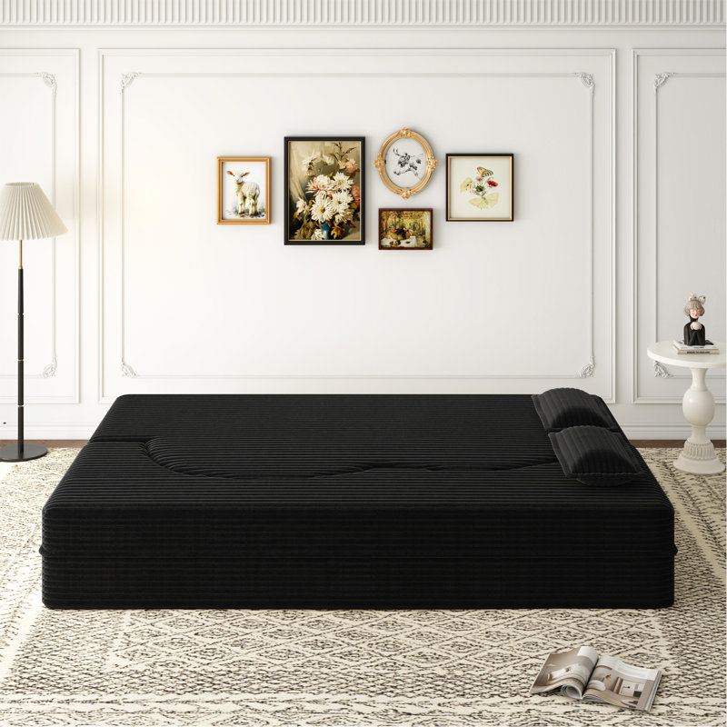 Canapé-lit moderne avec 2 coussins, canapé-lit convertible en velours côtelé rembourré de mousse, matelas pliant double de 15 po pour le salon, lit d'invité, aucun assemblage requis, noir