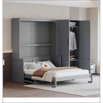 Grand lit escamotable mural avec placard, gris