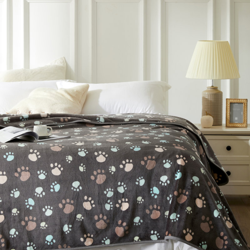 Gray Flannel Fleece Paw Print Pet Throw Blanket