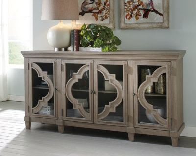 Transitional Quatrefoil 76" Gray 4-Door Accent Cabinet