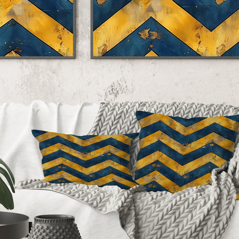Coussin Blue Gold Glamour Chevron IV - Mid-Century, H 18 po x l 18 po