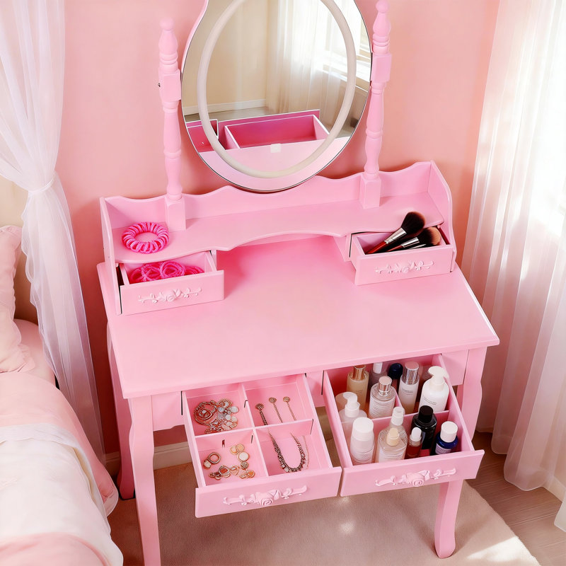 Vanity Desk Set With LED Light Mirror And Cushioned Stool For Bedroom, Pink