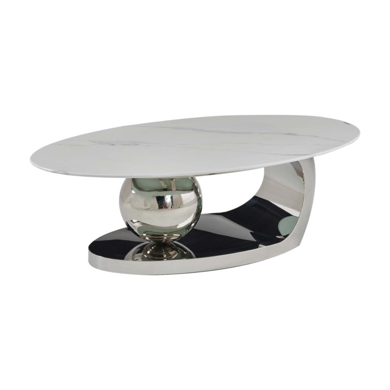 Table basse 51,20 pouces ovale en faux marbre, design moderne avec motif en marbre élégant et base en acier inoxydable argenté pour le salon
