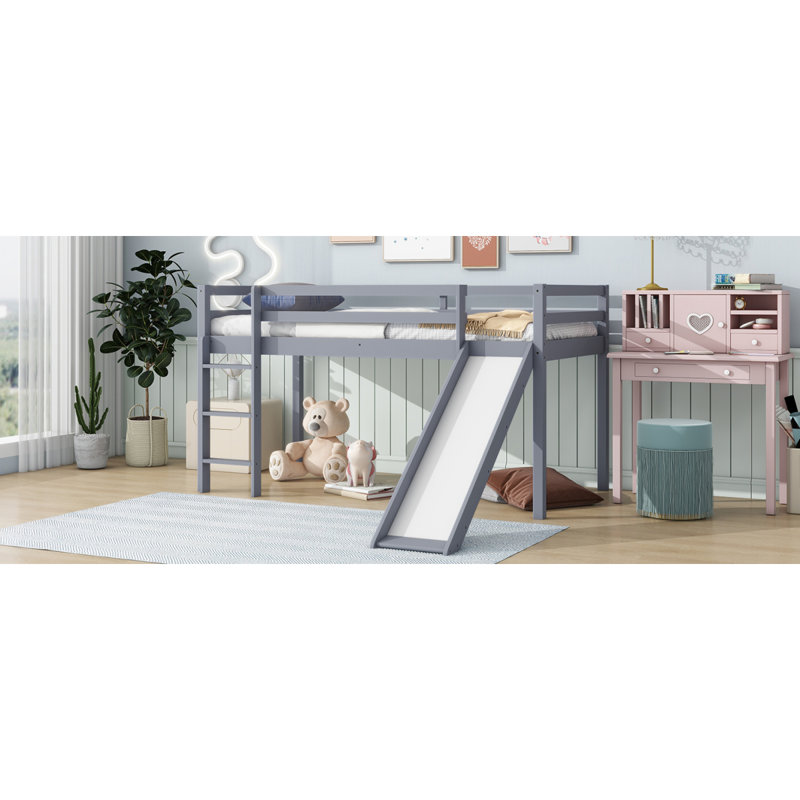 Lit simple mezzanine bas avec glissade, échelle, barrières de sécurité, lit mezzanine simple en bois d'hévéa, gris