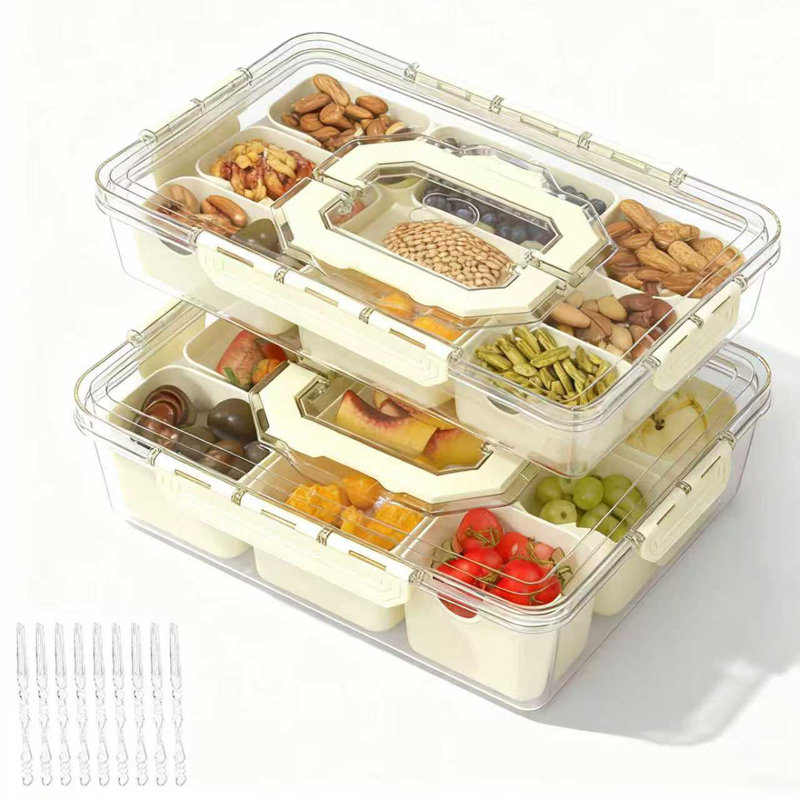 Divided Serving Tray With Lid & Handles, 9-Compartment Snack Box, Charcuterie Organizer For Candy, Nuts, Fruits, Snacks, Beige, 2 Pack