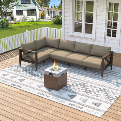 MBY 6-Piece Aluminum Patio Furniture Set with Fire Pit Table, Oversized Outdoor Sectional Sofa with Corner Seat, All-Weather Conversation Set for Deck, Garden, Backyard-Brown