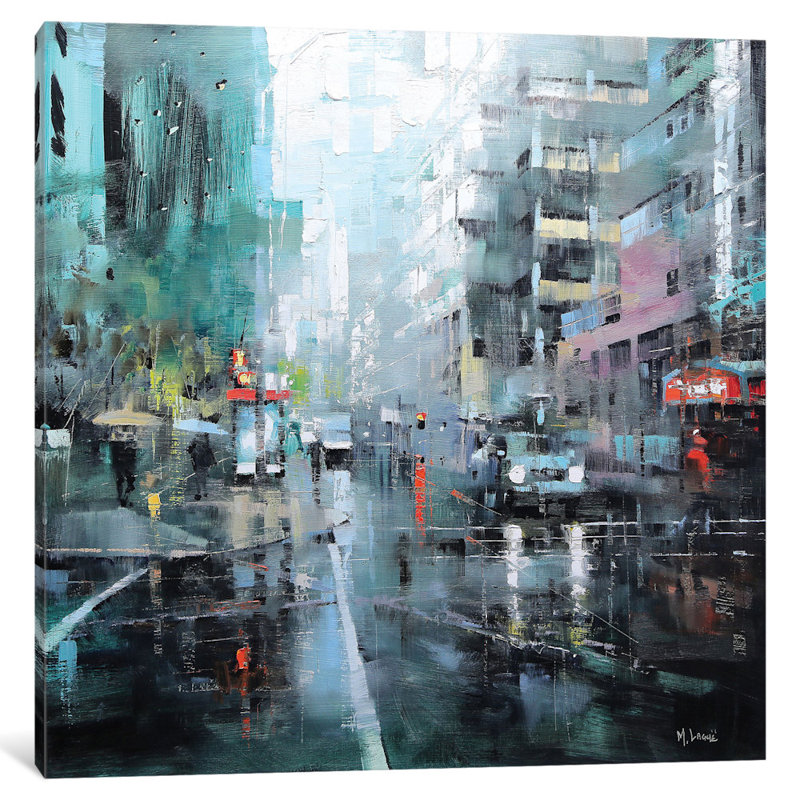 « montréal turquoise pluie », impression sur toile, H 26 po x l 26 po x P 1,5 po, Toile tendue, Pas de tapis
