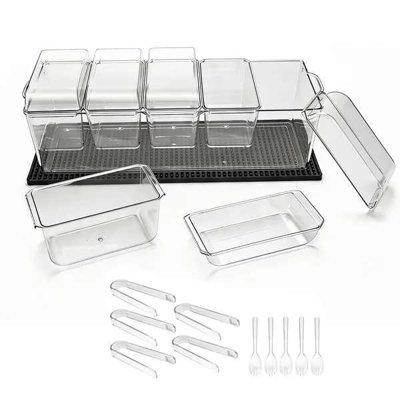 Serviteur réfrigéré à condiments, 5 compartiments de service refroidis à la glace, plateau de garniture de fruits en plastique avec couvercle séparé, pour accessoires de bar à salade Taco, fournitures de restaurant pour la fête à domicile