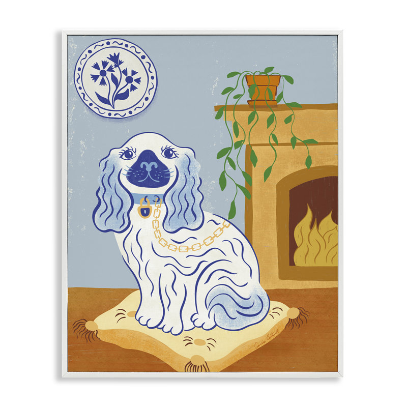 Giclée encadrée «Blue Staffordshire Dog & Fire» par Carrie Cantwell, H 20 po x l 16 po