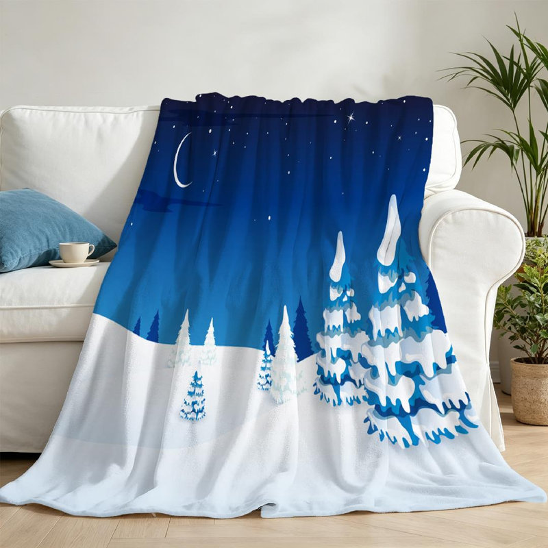 Jeté en molleton blanc ultra doux en flanelle, imprimé d'un côté hivernal, Jeté 50 po x 60 po