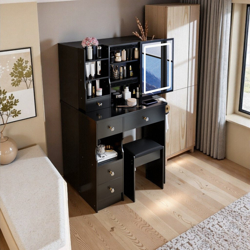 Ensemble de coiffeuse de luxe 29 pouces avec centrale électrique, coiffeuse à miroir DEL et tabouret, Noir