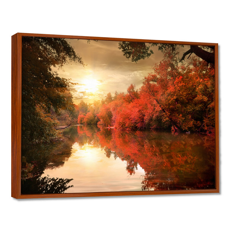 Paysage, coucher de soleil sur une rivière, photographie sur toile, H 34 po x l 44 po, Brun, Cadre flottant