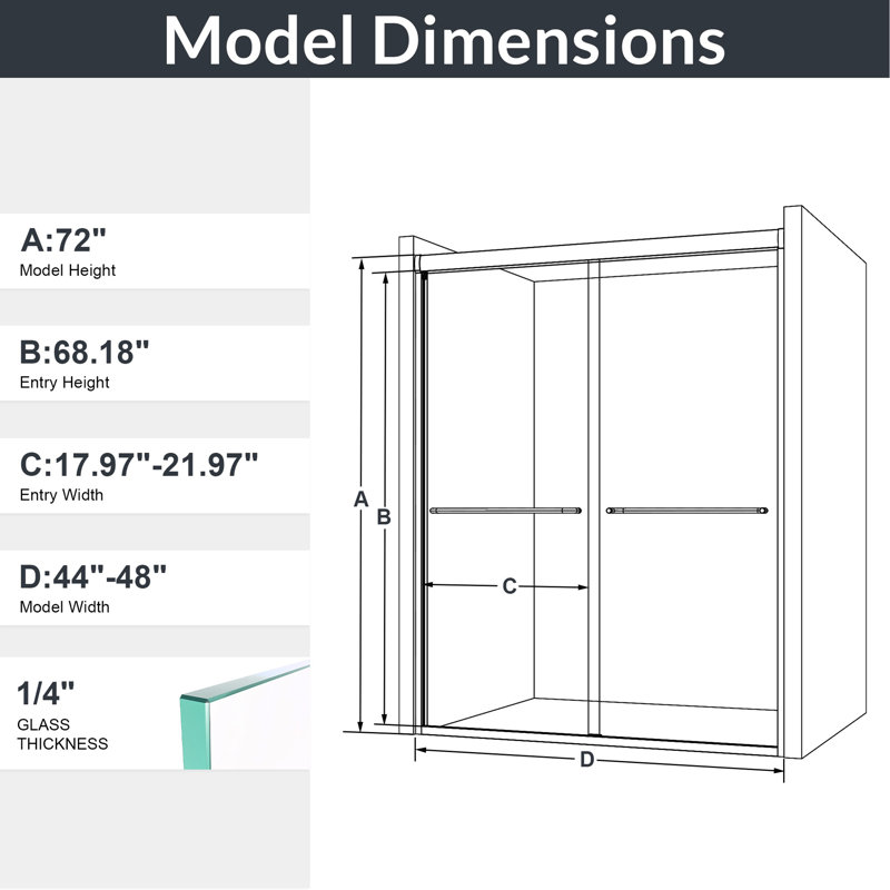 44"-48"W*72" H Semi-Frameless Double Sliding Shower Door, Bypass Shower Door, 1/4" (6Mm) Thick SGCC Tempered Glass Door, Matte Black