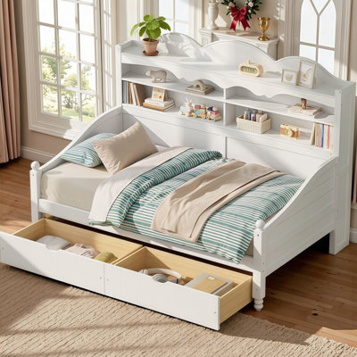 Lit de jour simple rétro avec tiroirs de rangement sous le lit et tablettes de tête de lit | Conception peu encombrante pour les espaces compacts | Aucun sommier tapissier requis | Assemblage facile