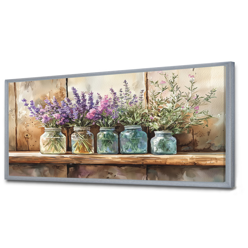 Lavande et bouquet de romarin II - Lavande, art mural, H 28 po x l 60 po, Cadre flottant, Argent argent