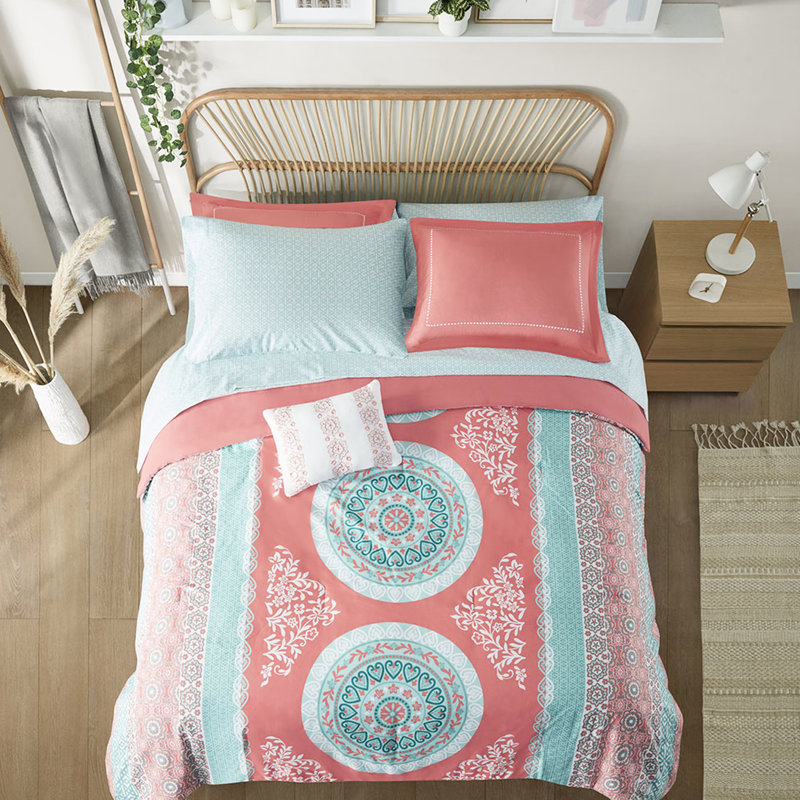 Literie pour chambre simple - édredon et draps Coral Medallion, Édredon lit simple + 6 pièces incluses, Corail