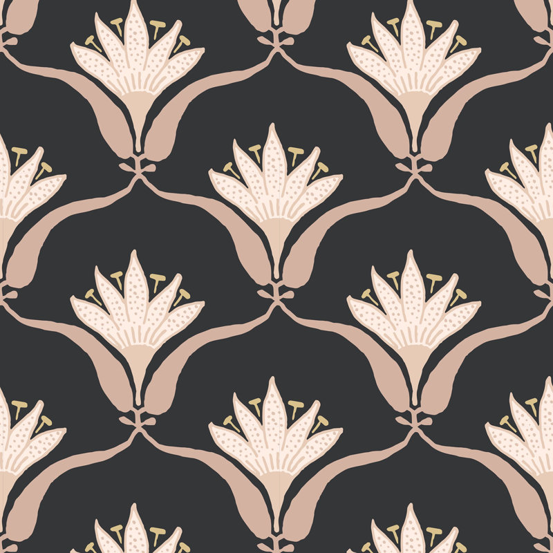 Shanghai Wallflower 10' L x 25" W Wallpaper Tile, Black Blush, Peel & Stick, Self-adhesive