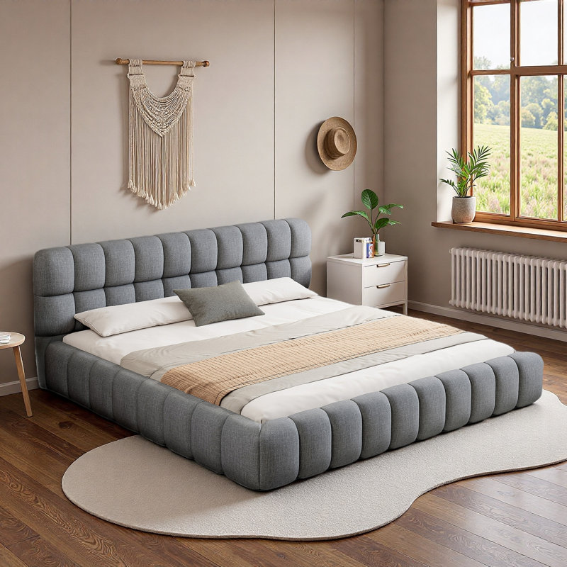 Lit plateforme tapissier avec coutures et soutien solide, Gris
