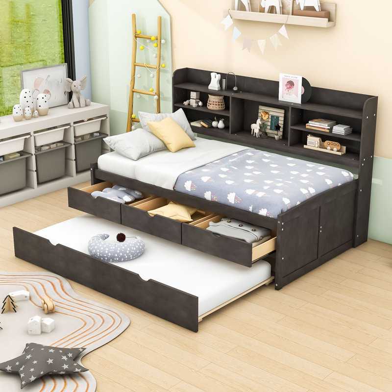 Amande Twin Wooden Captain Bed with Bookcase Headboard, Three Storage Drawers and Twin Trundle, Antique Brown