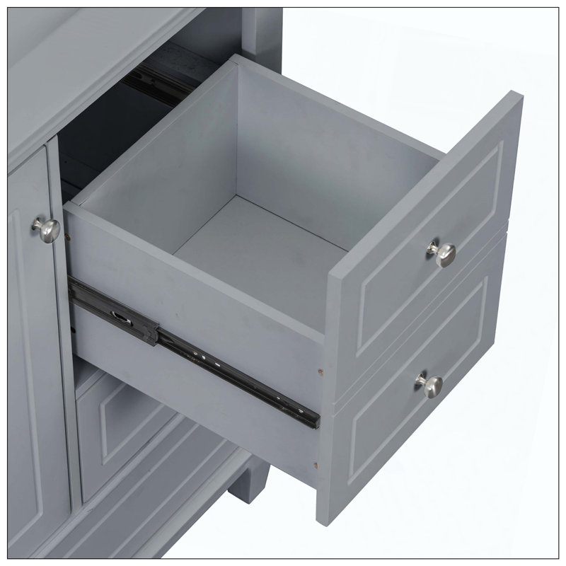 Lavabo de salle de bain autoportant en céramique avec 3 tiroirs et trous de robinet, Gris
