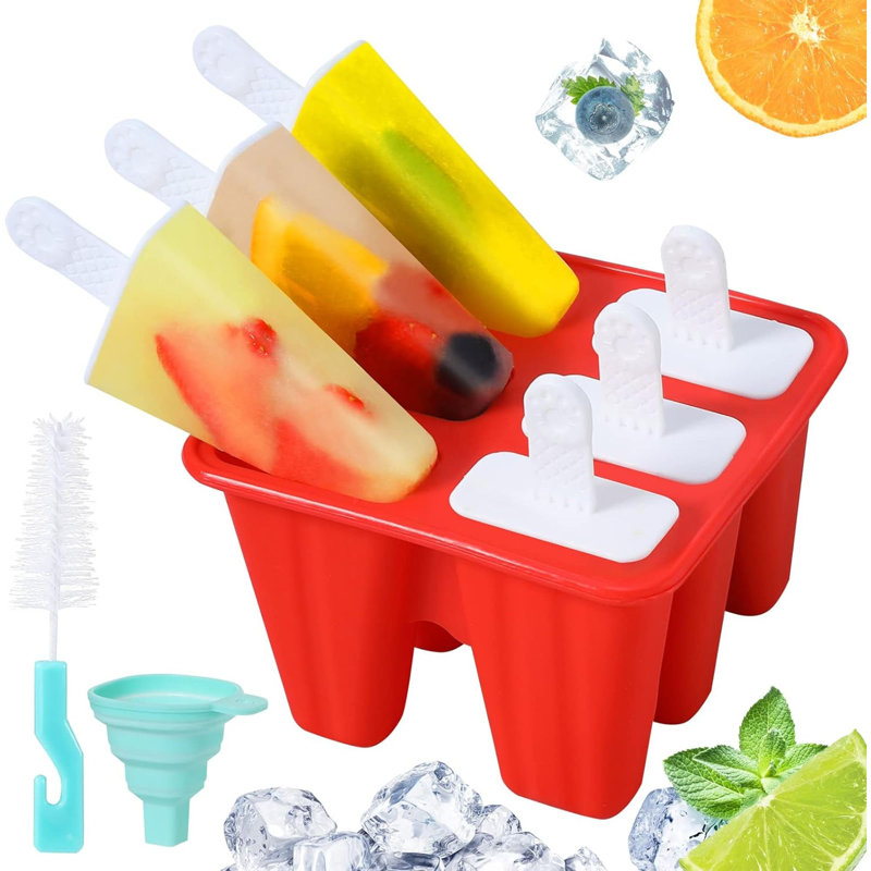 Moules à glaçons, moules à glaçons en silicone, moules à glaçons réutilisables sans BPA, moule à glaçons maison avec entonnoir en silicone et brosse de nettoyage (rouge, 6 cavités)