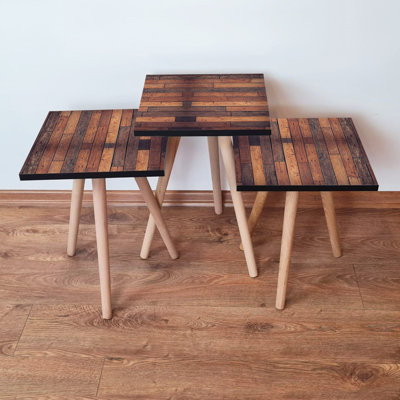 Modern Nesting Table Set (3 Pieces), Brown & Camel Colors, 13.8 x 20.5 x 13.8 inches | 100% MDF with Beech Wood Legs | Scandinavian Design, Stylish & Functional for Living Room or Office Spaces, Geometric Style