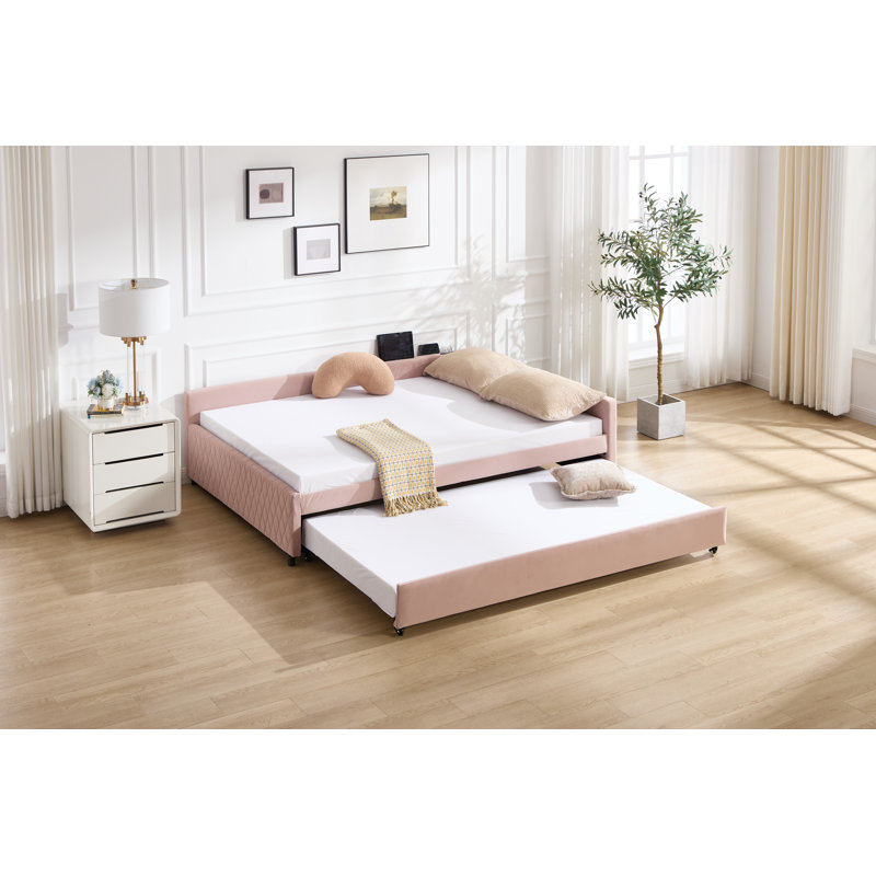 Lit de jour rembourré avec lit gigogne, structure de lit en bois robuste, conception de grille de diamant moderne, pour chambre à coucher, chambre d'amis (rose)
