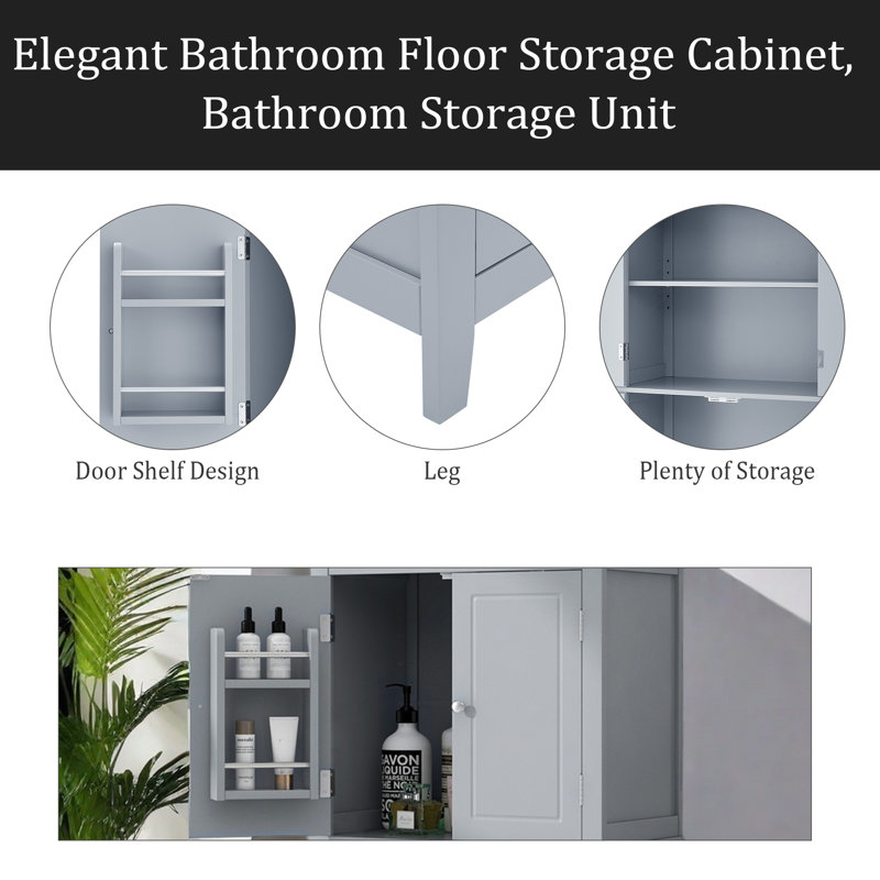 Armoire de rangement élégante pour salle de bain, unité de rangement pour salle de bain, armoire autoportante avec 4 portes, tablettes réglables, tablettes adaptables