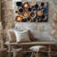 Toile vue de haut en bas d'un arrangement artistique de différentes tasses à café sur une table en bois rustique avec une variété d'art mural sur toile-183253209